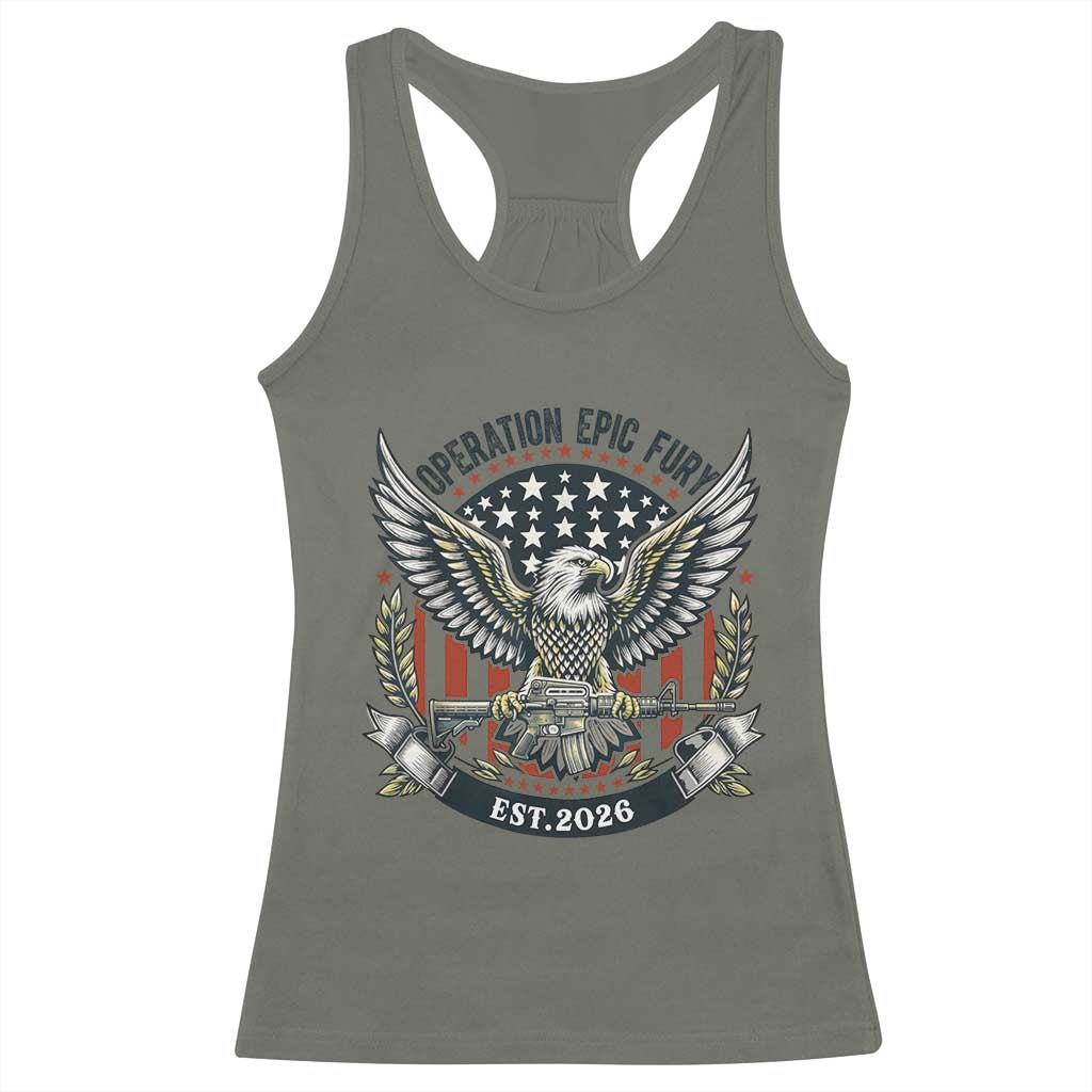 Operation Epic Fury Patriotic Eagle Crest Est 2026 Racerback Tank Top American Strength Freedom
