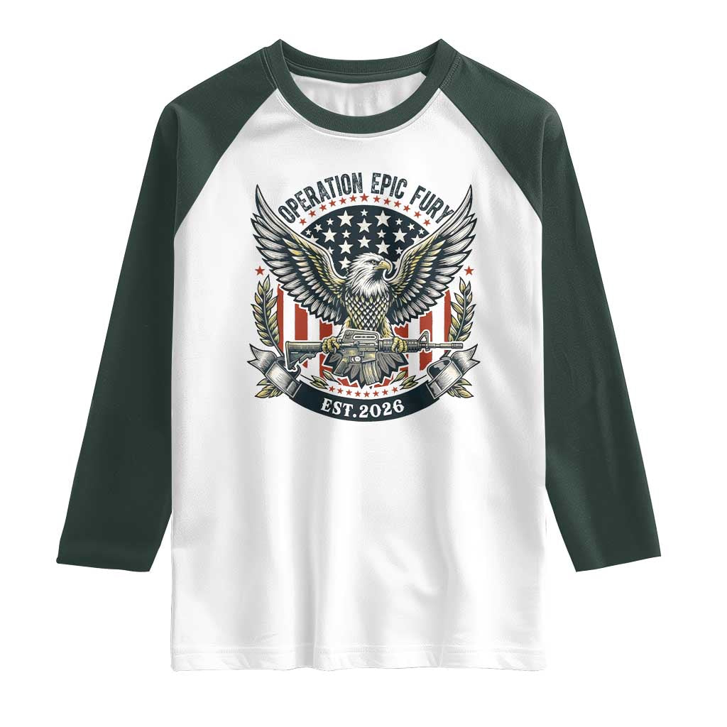Operation Epic Fury Patriotic Eagle Crest Est 2026 Raglan Shirt American Strength Freedom