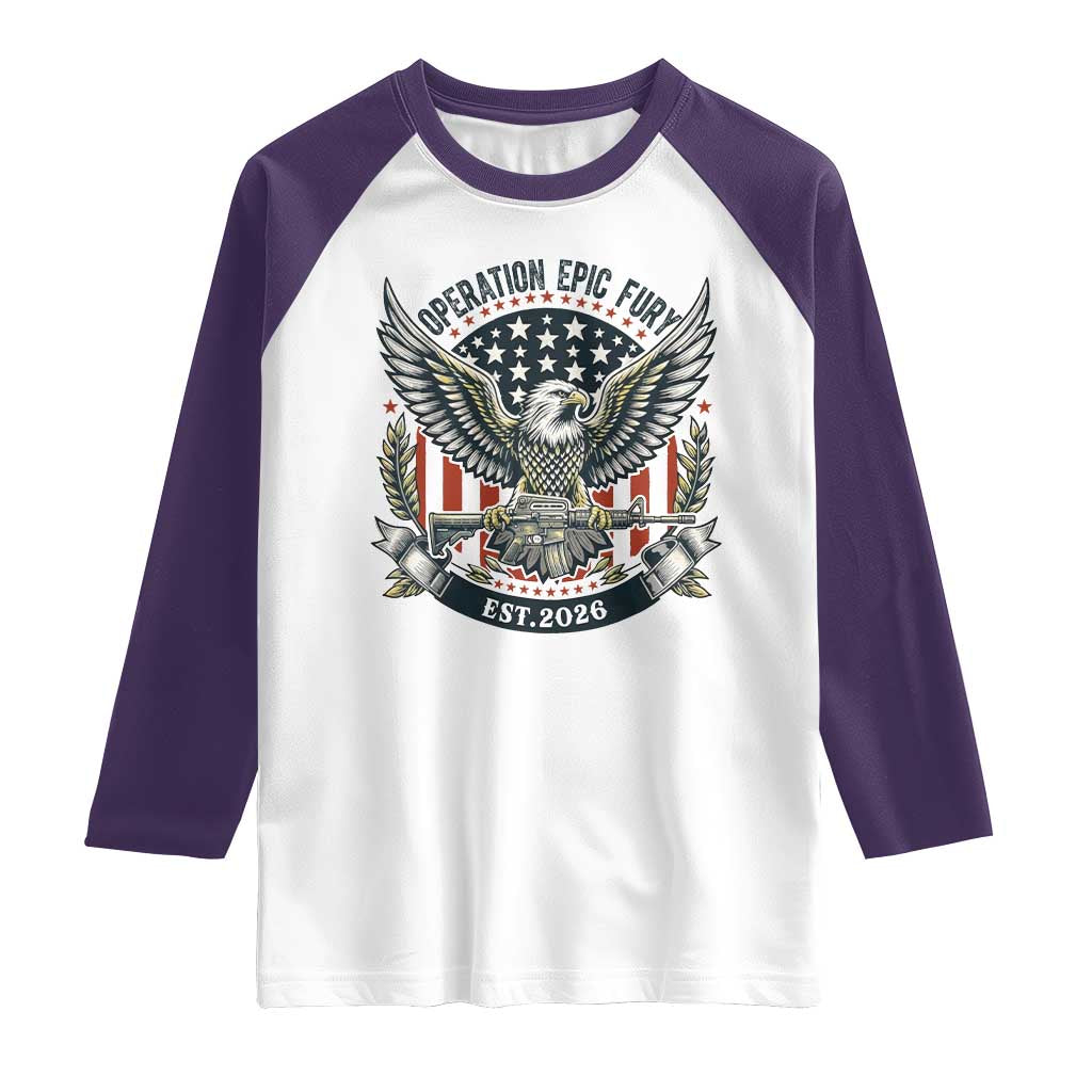 Operation Epic Fury Patriotic Eagle Crest Est 2026 Raglan Shirt American Strength Freedom
