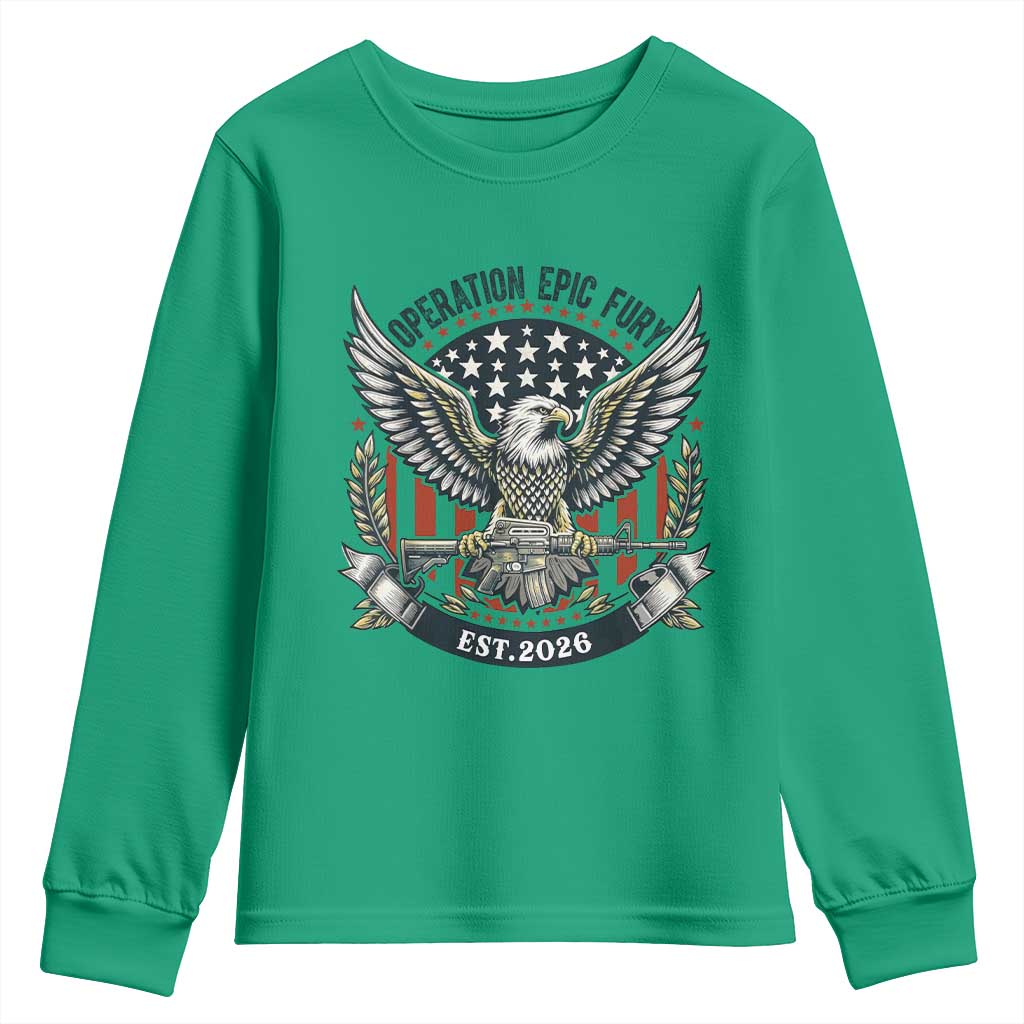 Operation Epic Fury Patriotic Eagle Crest Est 2026 Youth Sweatshirt American Strength Freedom