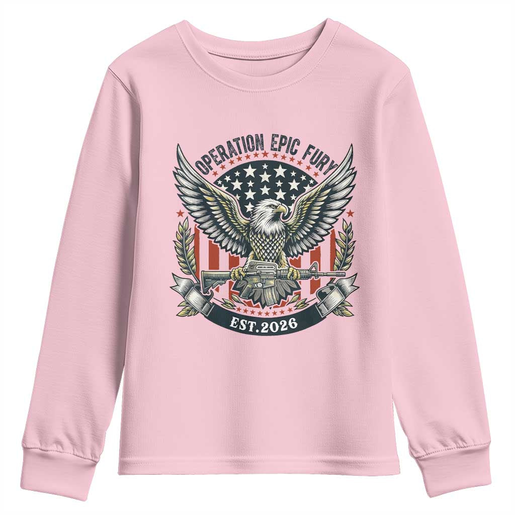 Operation Epic Fury Patriotic Eagle Crest Est 2026 Youth Sweatshirt American Strength Freedom