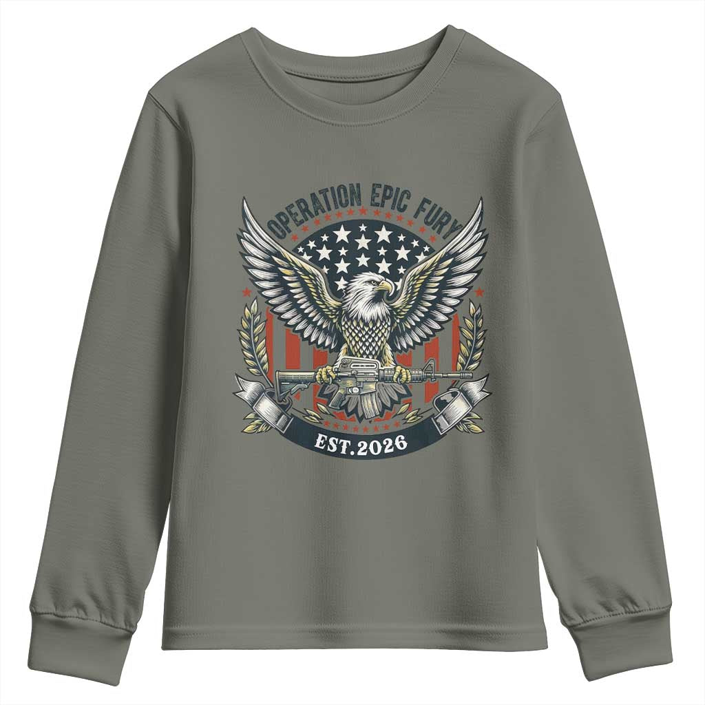Operation Epic Fury Patriotic Eagle Crest Est 2026 Youth Sweatshirt American Strength Freedom
