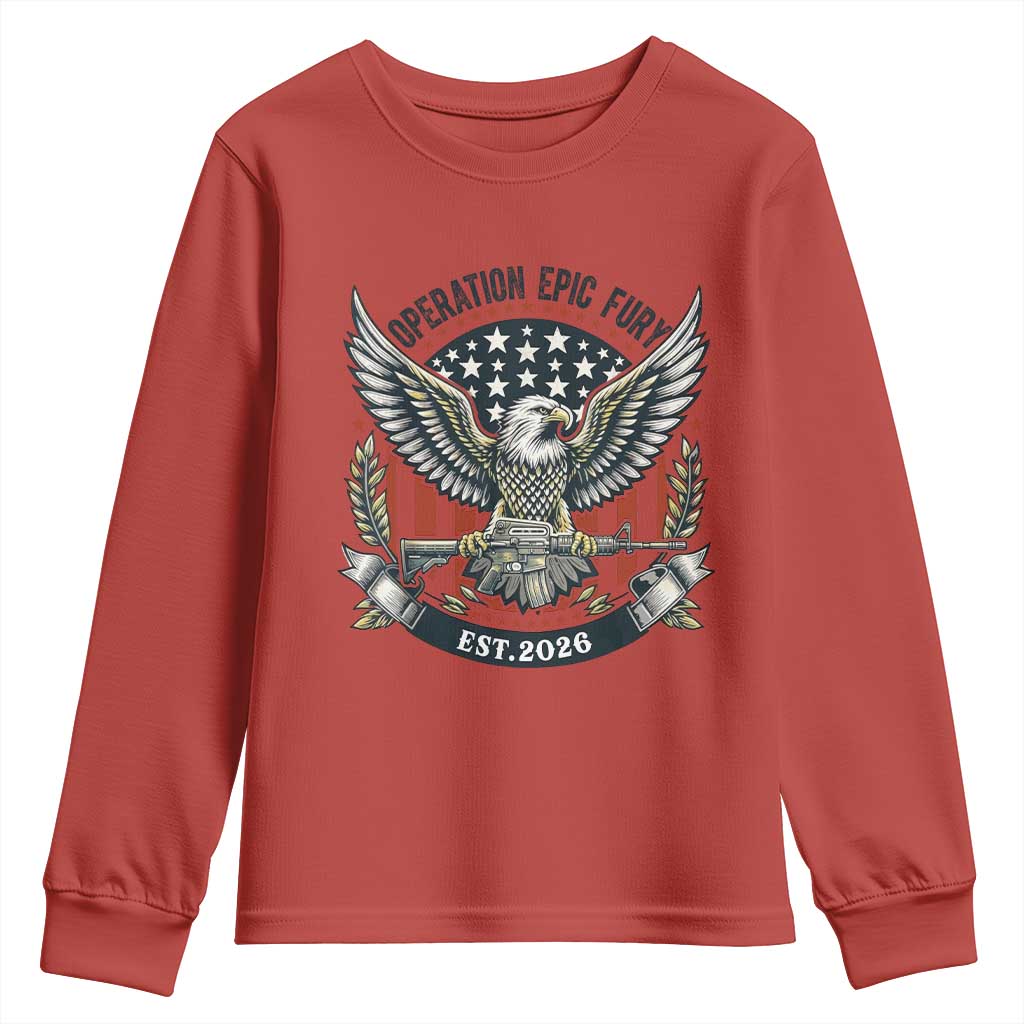 Operation Epic Fury Patriotic Eagle Crest Est 2026 Youth Sweatshirt American Strength Freedom