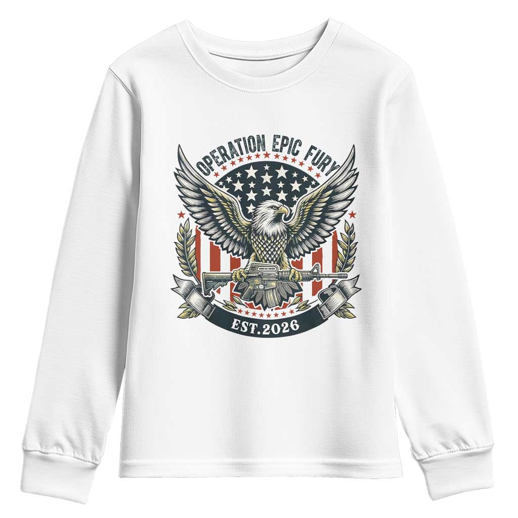 Operation Epic Fury Patriotic Eagle Crest Est 2026 Youth Sweatshirt American Strength Freedom