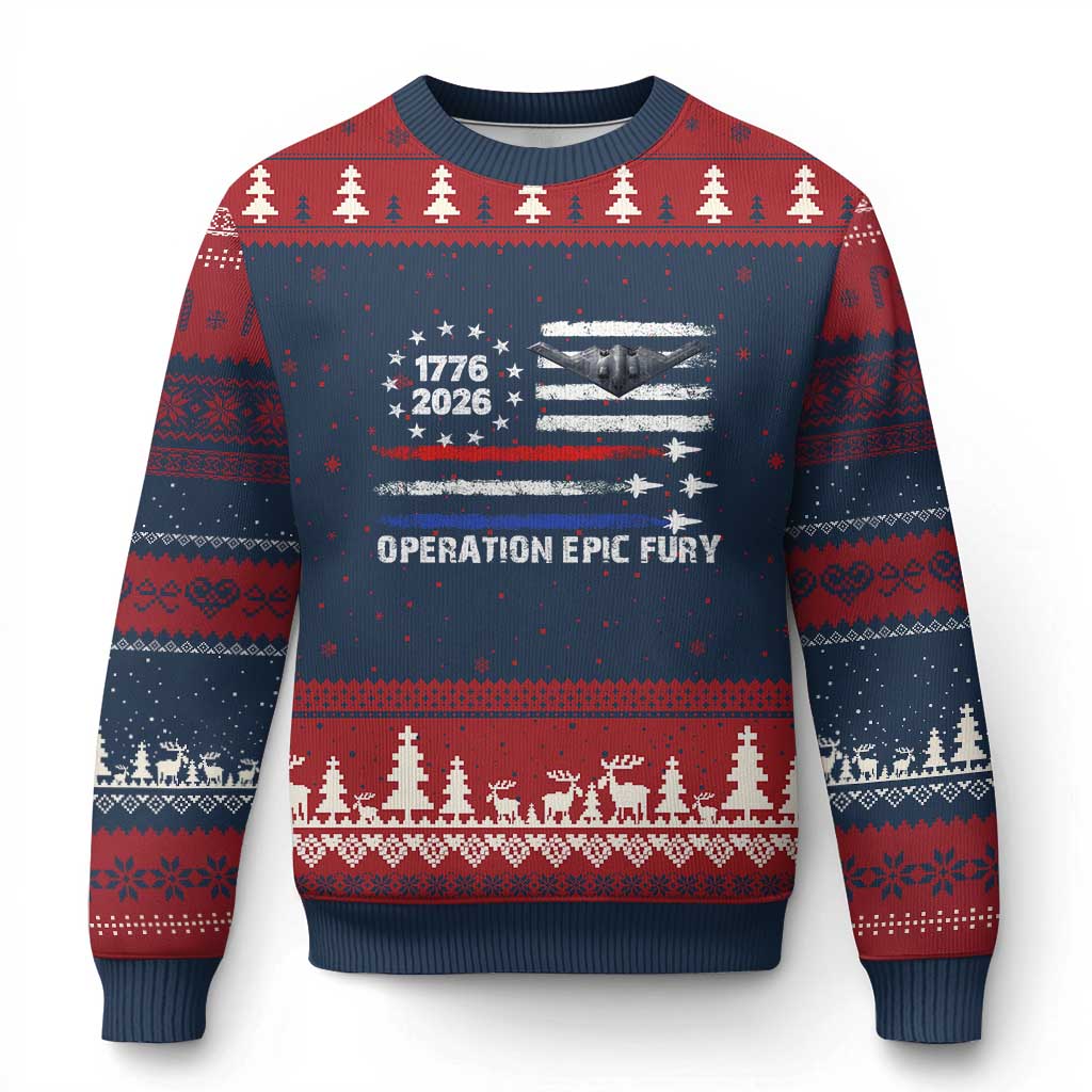 Operation Epic Fury 1776 2026 American Flag Aviation Ugly Christmas Sweater Freedom Anniversary Statement