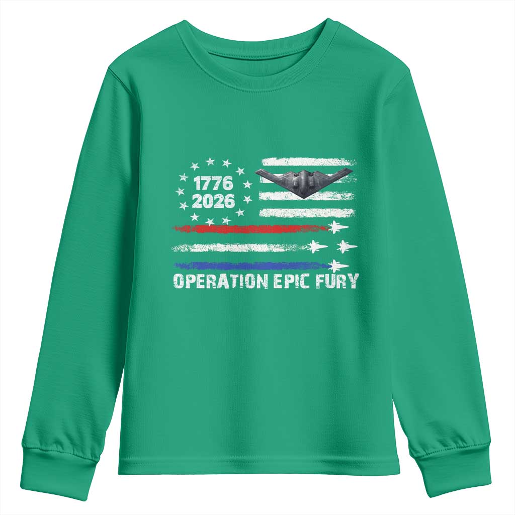 Operation Epic Fury 1776 2026 American Flag Aviation Youth Sweatshirt Freedom Anniversary Statement