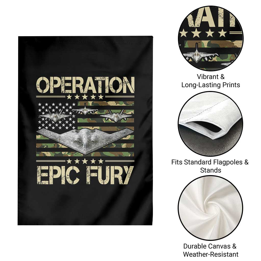 Operation Epic Fury Camo American Flag Garden Flag B12 Spirit Stealth Bomber Formation Patriotic Air Power