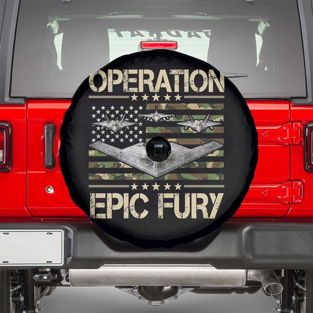 Operation Epic Fury Camo American Flag Spare Tire Cover B12 Spirit Stealth Bomber Formation Patriotic Air Power