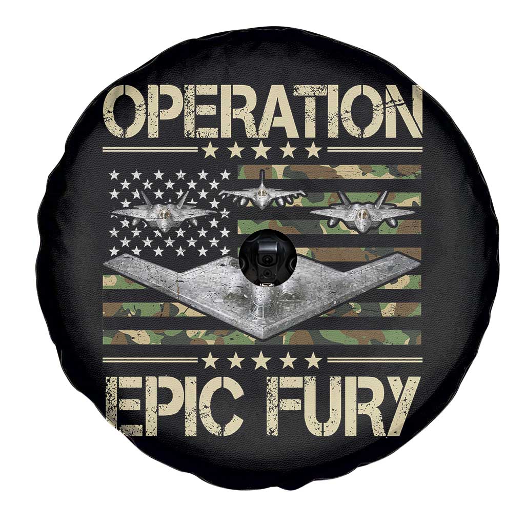 Operation Epic Fury Camo American Flag Spare Tire Cover B12 Spirit Stealth Bomber Formation Patriotic Air Power