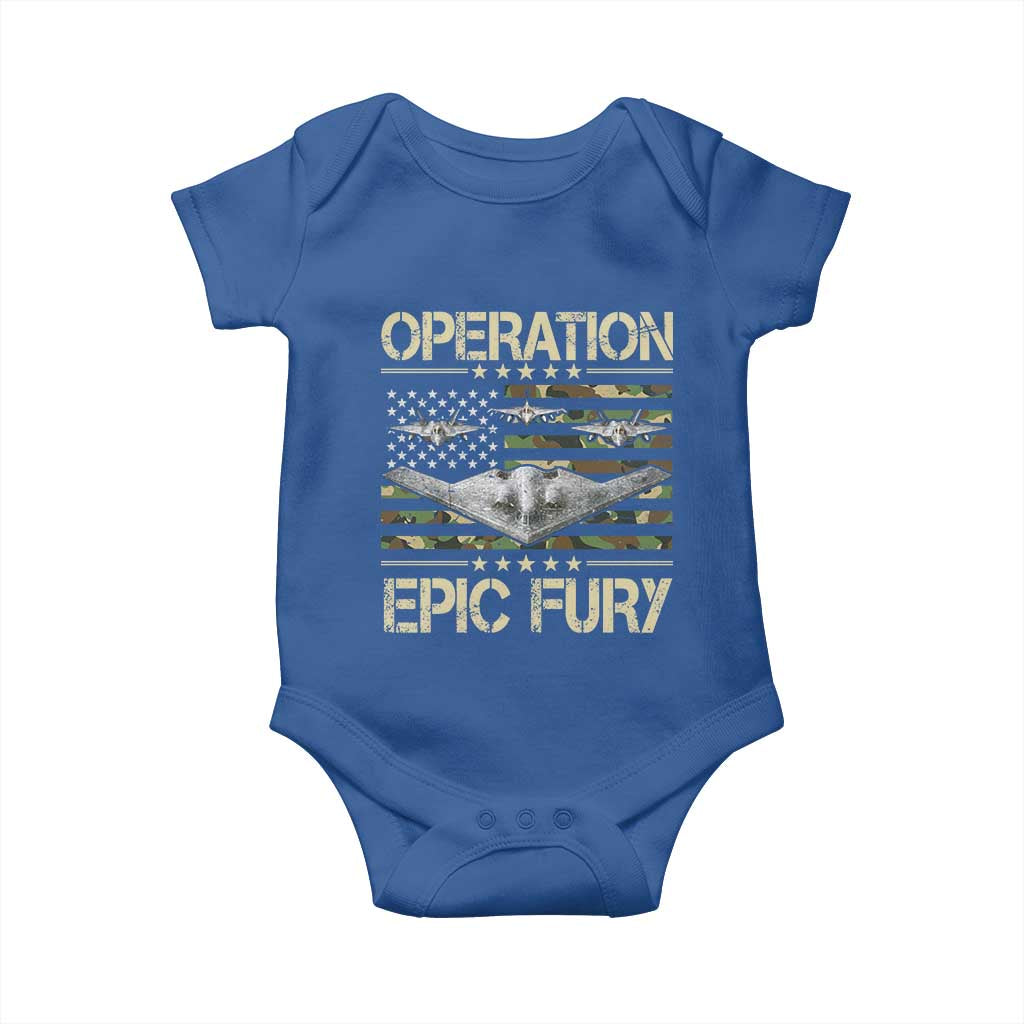 Operation Epic Fury Camo American Flag Baby Onesie B12 Spirit Stealth Bomber Formation Patriotic Air Power