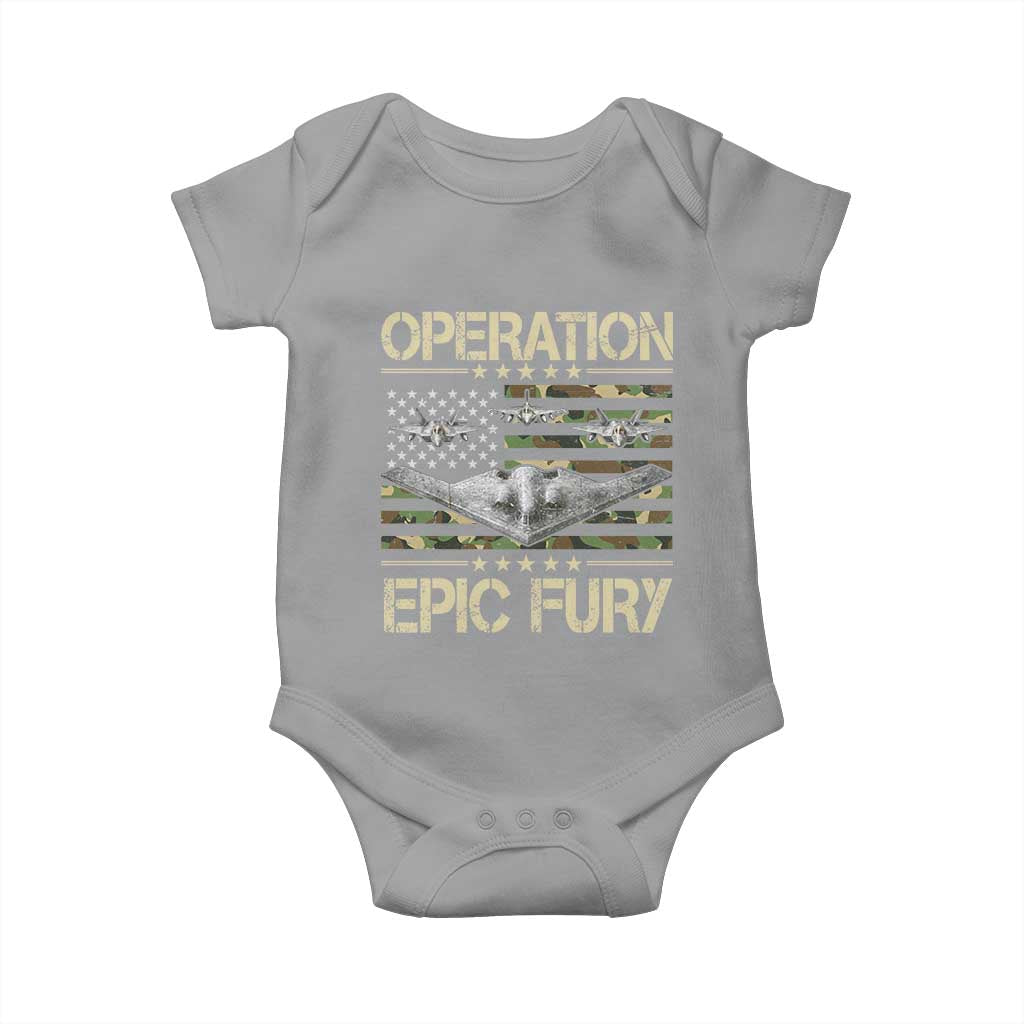 Operation Epic Fury Camo American Flag Baby Onesie B12 Spirit Stealth Bomber Formation Patriotic Air Power