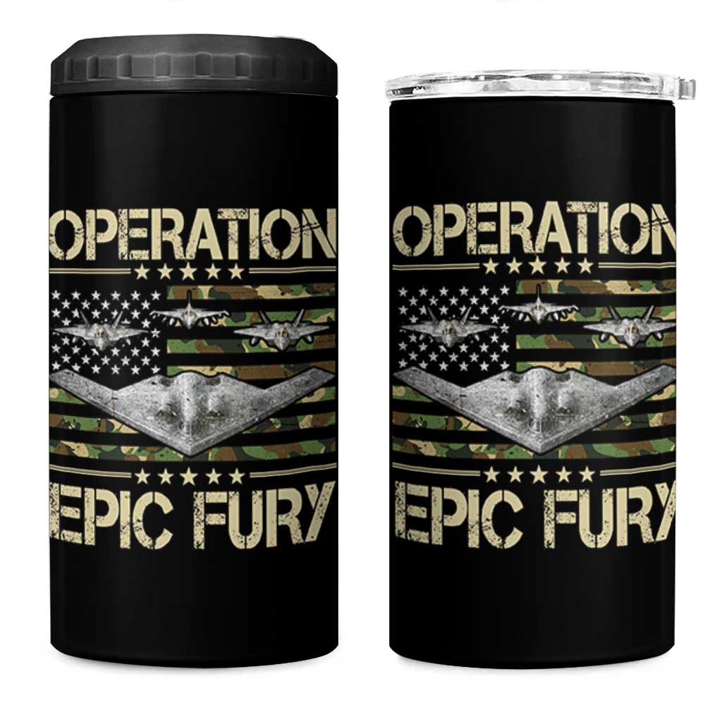 Operation Epic Fury Camo American Flag 4 in 1 Can Cooler Tumbler B12 Spirit Stealth Bomber Formation Patriotic Air Power