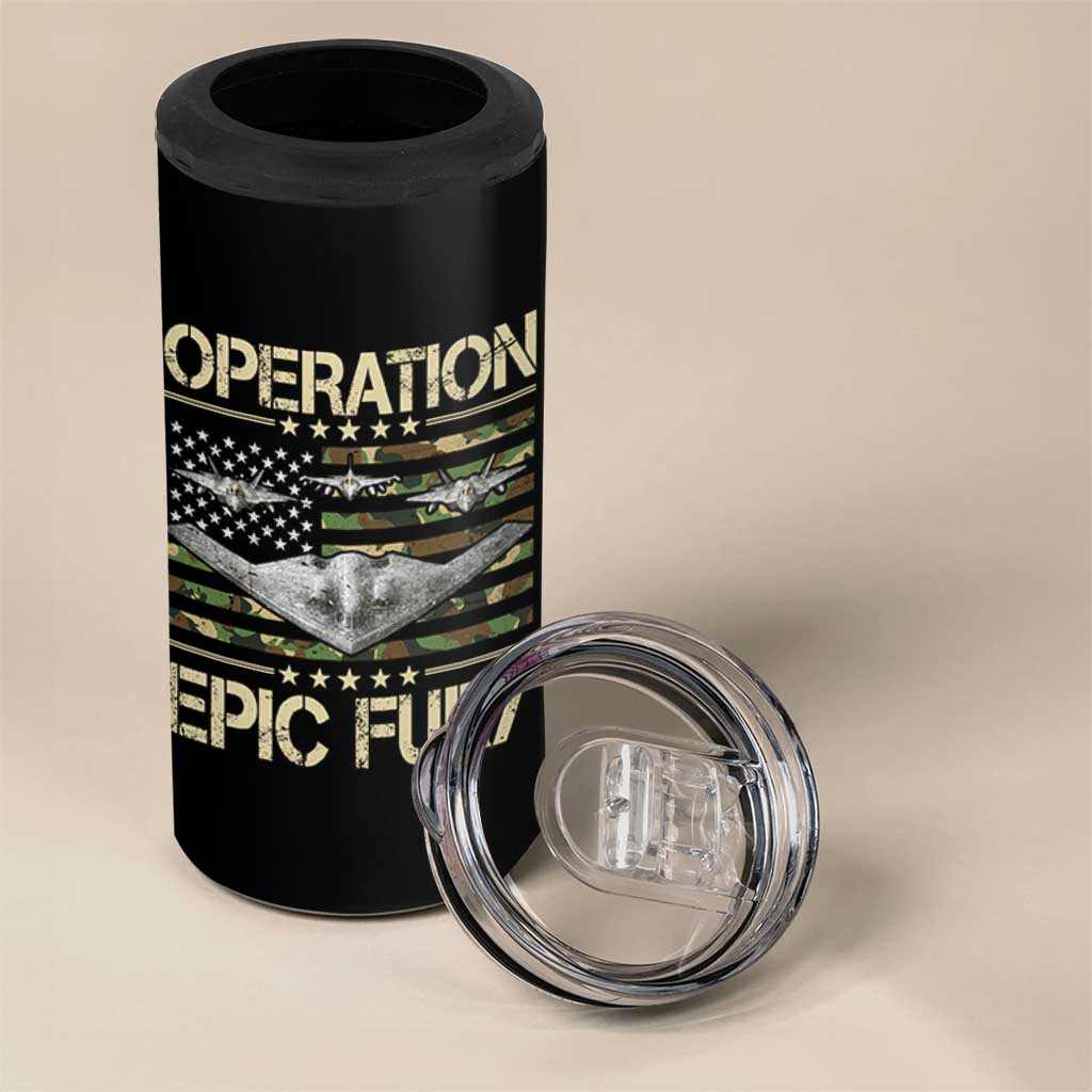 Operation Epic Fury Camo American Flag 4 in 1 Can Cooler Tumbler B12 Spirit Stealth Bomber Formation Patriotic Air Power