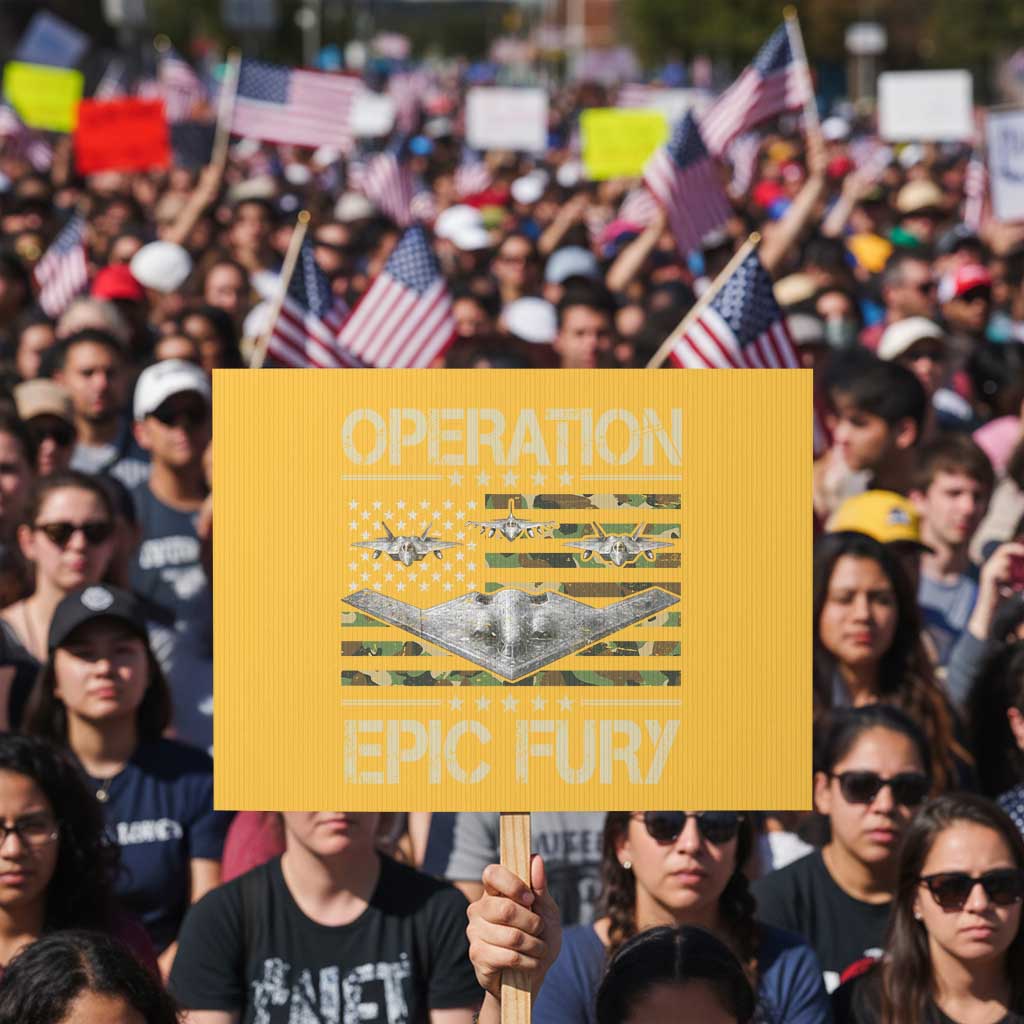 Operation Epic Fury Camo American Flag Protest Sign B12 Spirit Stealth Bomber Formation Patriotic Air Power