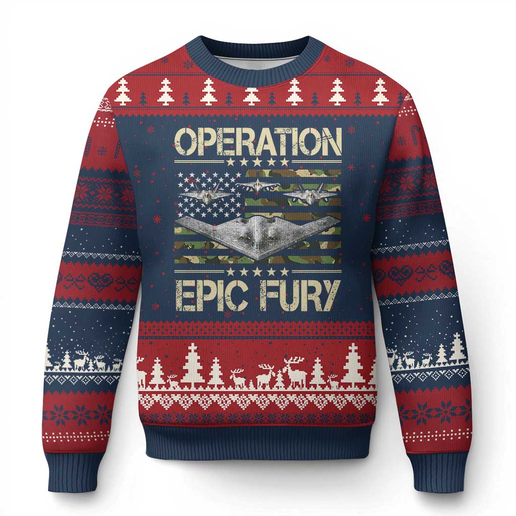 Operation Epic Fury Camo American Flag Ugly Christmas Sweater B12 Spirit Stealth Bomber Formation Patriotic Air Power