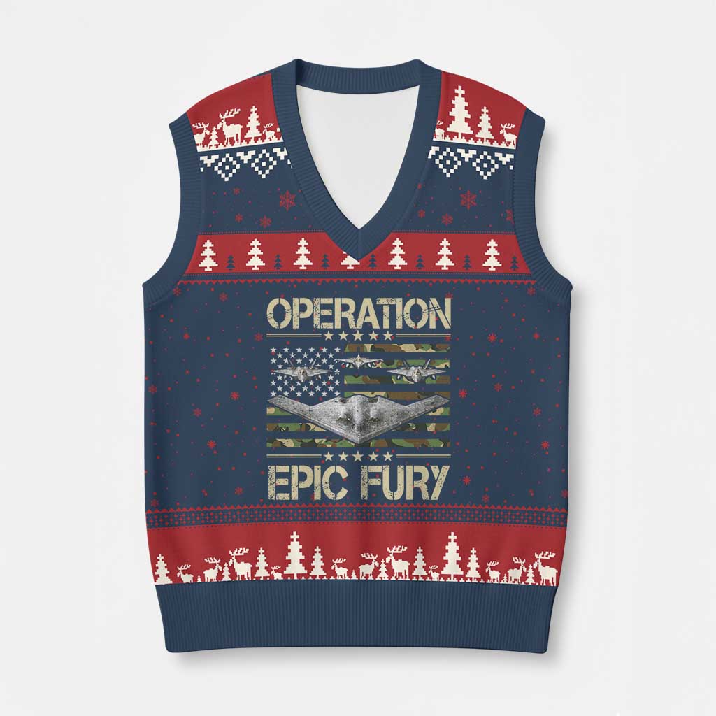 Operation Epic Fury Camo American Flag V-Neck Knit Sweater Vest B12 Spirit Stealth Bomber Formation Patriotic Air Power