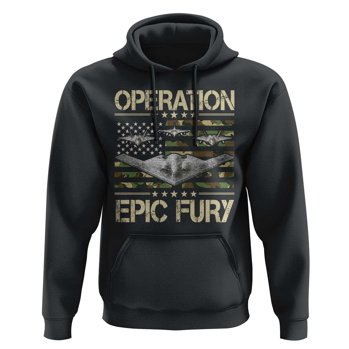 Operation Epic Fury Camo American Flag Hoodie B12 Spirit Stealth Bomber Formation Patriotic Air Power