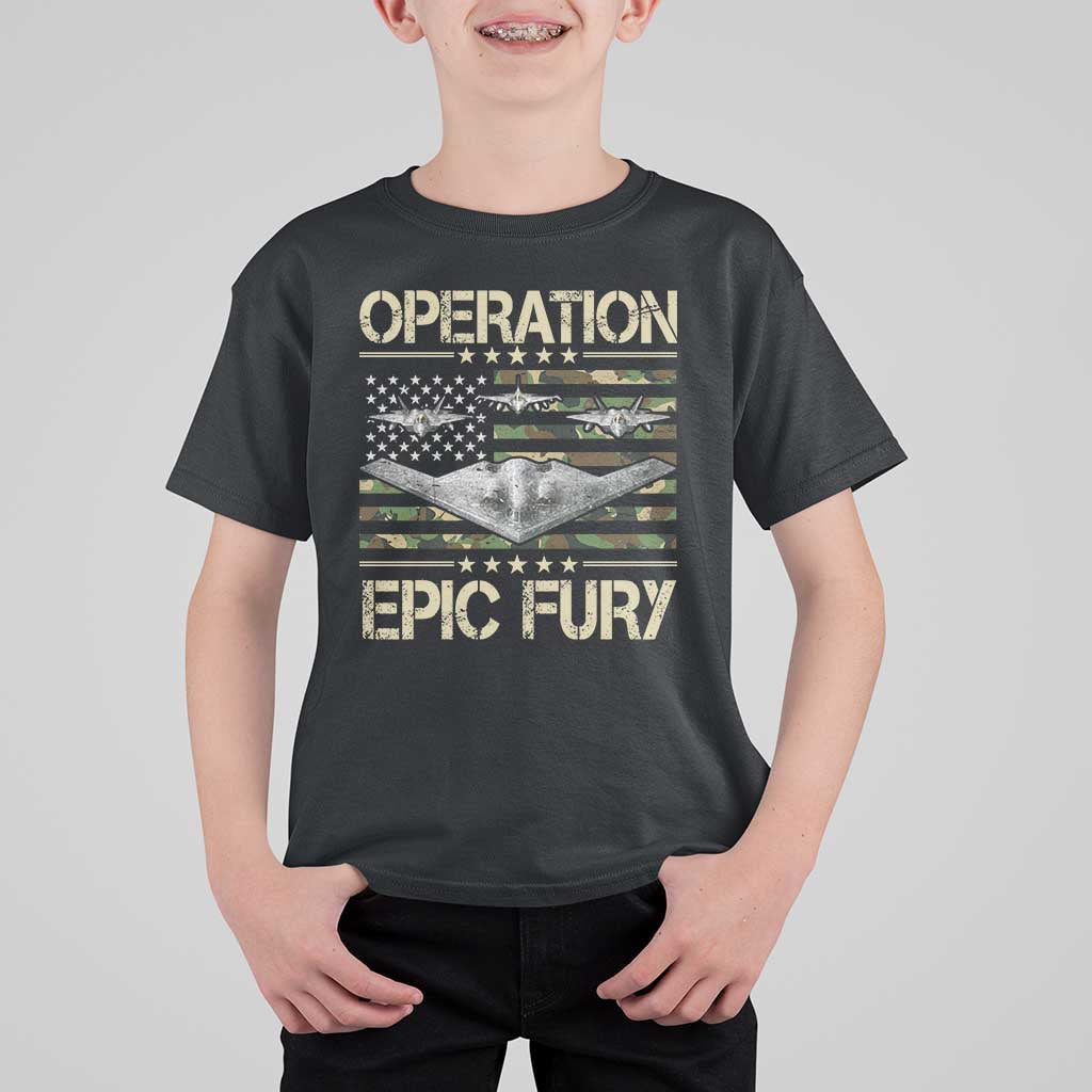 Operation Epic Fury Camo American Flag T Shirt For Kid B12 Spirit Stealth Bomber Formation Patriotic Air Power