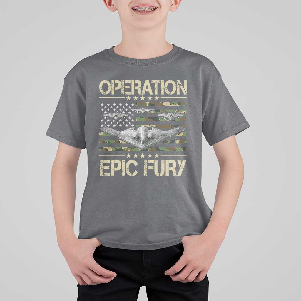 Operation Epic Fury Camo American Flag T Shirt For Kid B12 Spirit Stealth Bomber Formation Patriotic Air Power
