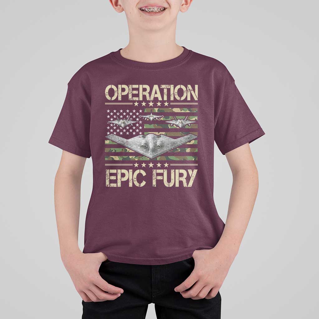 Operation Epic Fury Camo American Flag T Shirt For Kid B12 Spirit Stealth Bomber Formation Patriotic Air Power