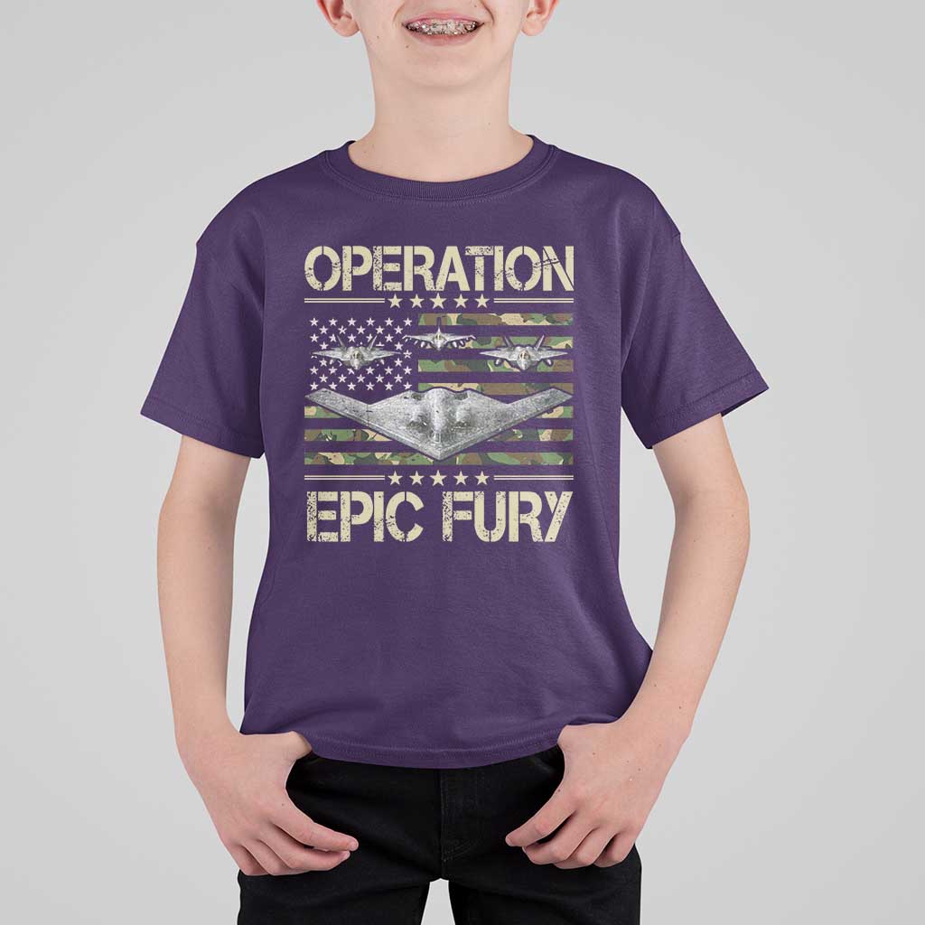 Operation Epic Fury Camo American Flag T Shirt For Kid B12 Spirit Stealth Bomber Formation Patriotic Air Power