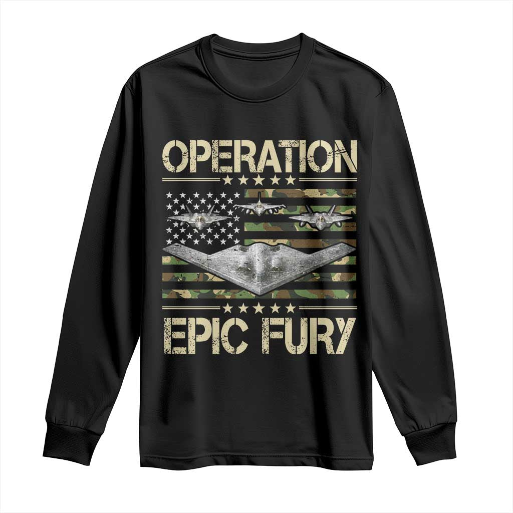 Operation Epic Fury Camo American Flag Long Sleeve Shirt B12 Spirit Stealth Bomber Formation Patriotic Air Power