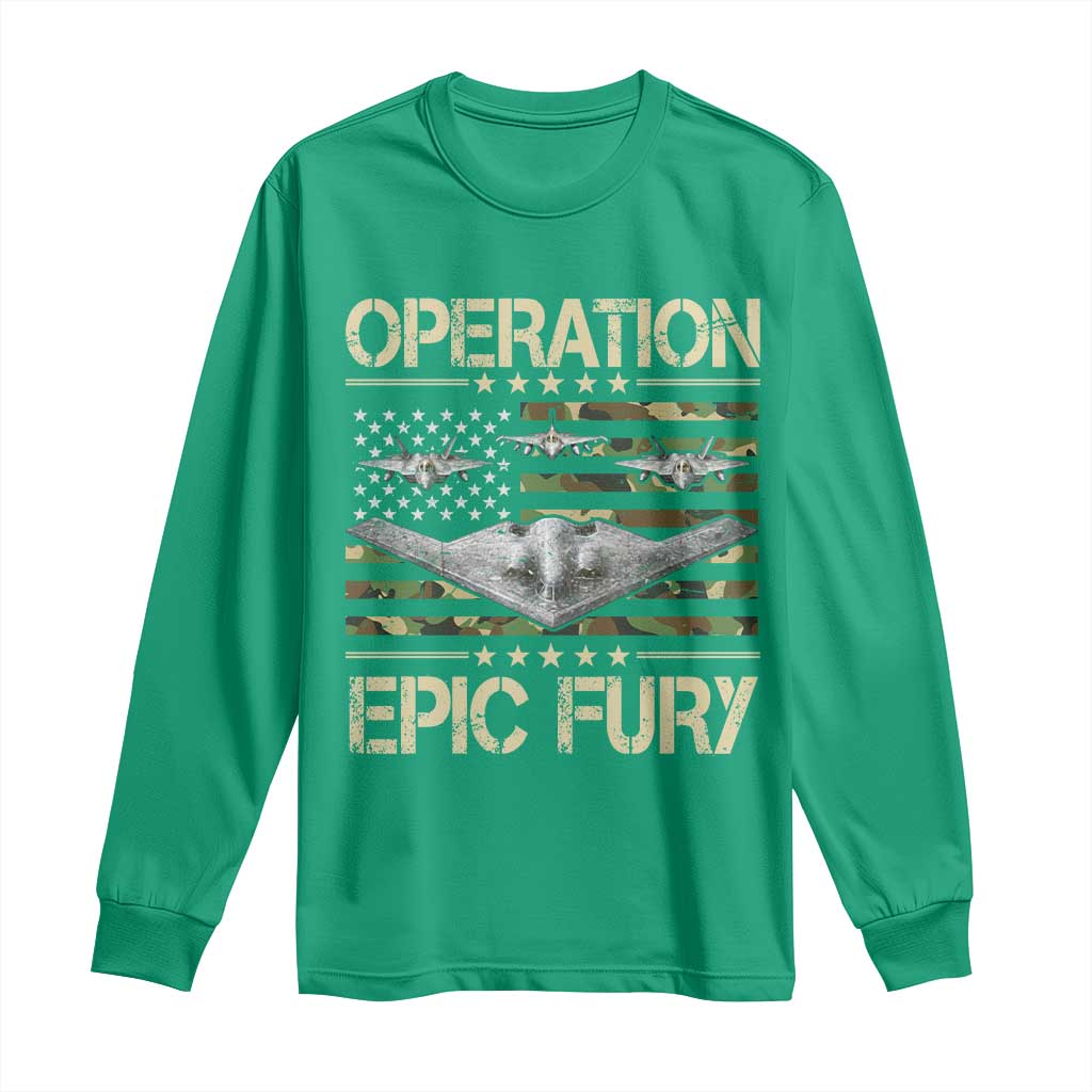 Operation Epic Fury Camo American Flag Long Sleeve Shirt B12 Spirit Stealth Bomber Formation Patriotic Air Power