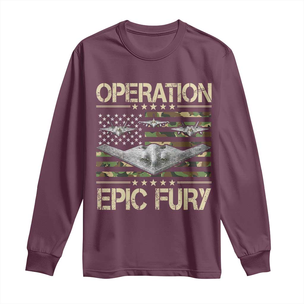 Operation Epic Fury Camo American Flag Long Sleeve Shirt B12 Spirit Stealth Bomber Formation Patriotic Air Power