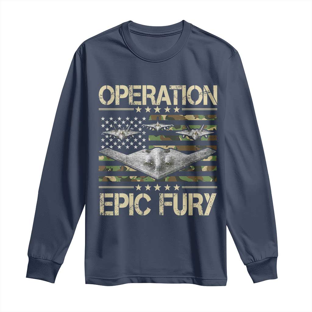 Operation Epic Fury Camo American Flag Long Sleeve Shirt B12 Spirit Stealth Bomber Formation Patriotic Air Power