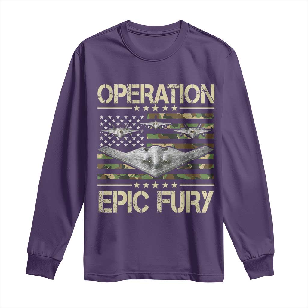 Operation Epic Fury Camo American Flag Long Sleeve Shirt B12 Spirit Stealth Bomber Formation Patriotic Air Power