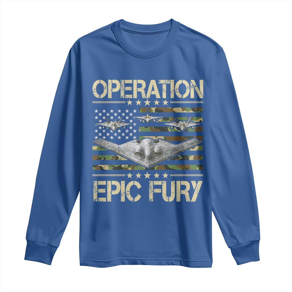 Operation Epic Fury Camo American Flag Long Sleeve Shirt B12 Spirit Stealth Bomber Formation Patriotic Air Power