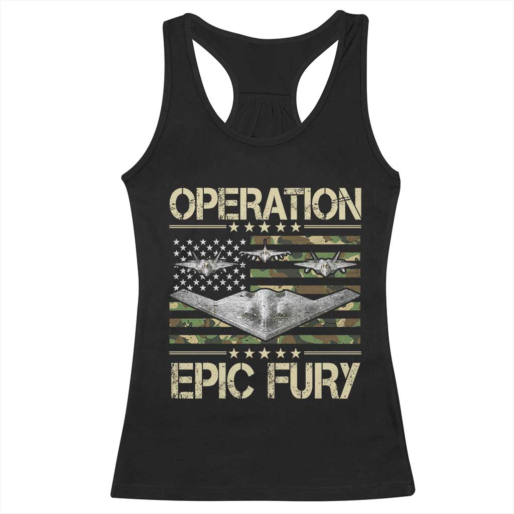 Operation Epic Fury Camo American Flag Racerback Tank Top B12 Spirit Stealth Bomber Formation Patriotic Air Power