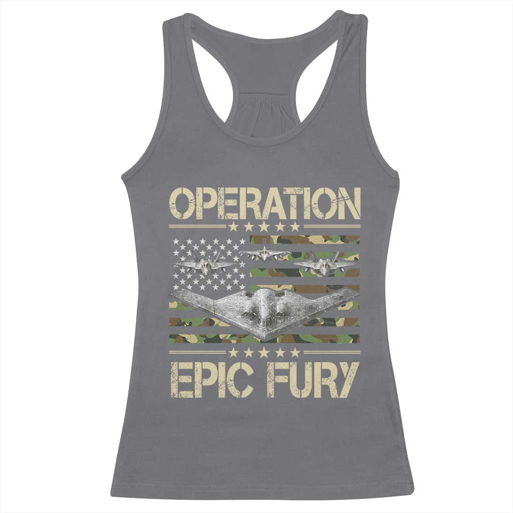Operation Epic Fury Camo American Flag Racerback Tank Top B12 Spirit Stealth Bomber Formation Patriotic Air Power