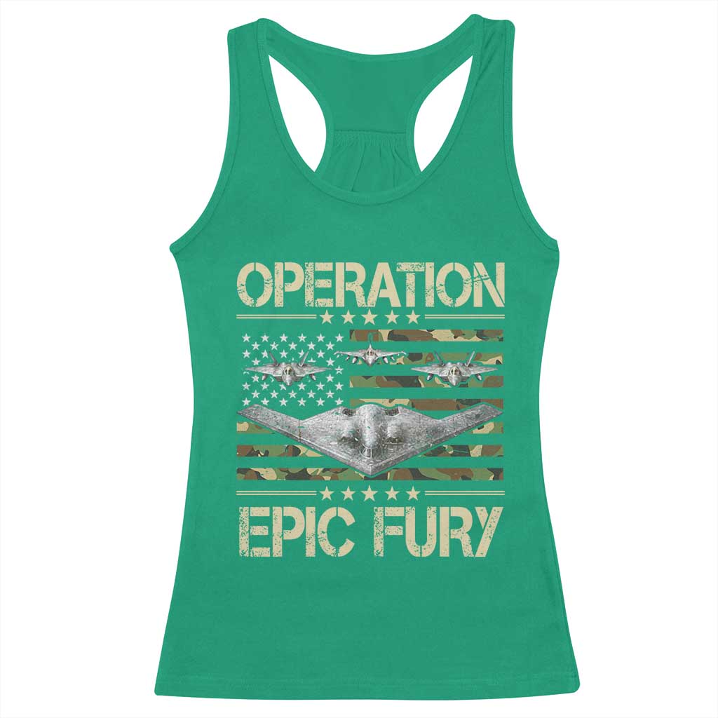 Operation Epic Fury Camo American Flag Racerback Tank Top B12 Spirit Stealth Bomber Formation Patriotic Air Power