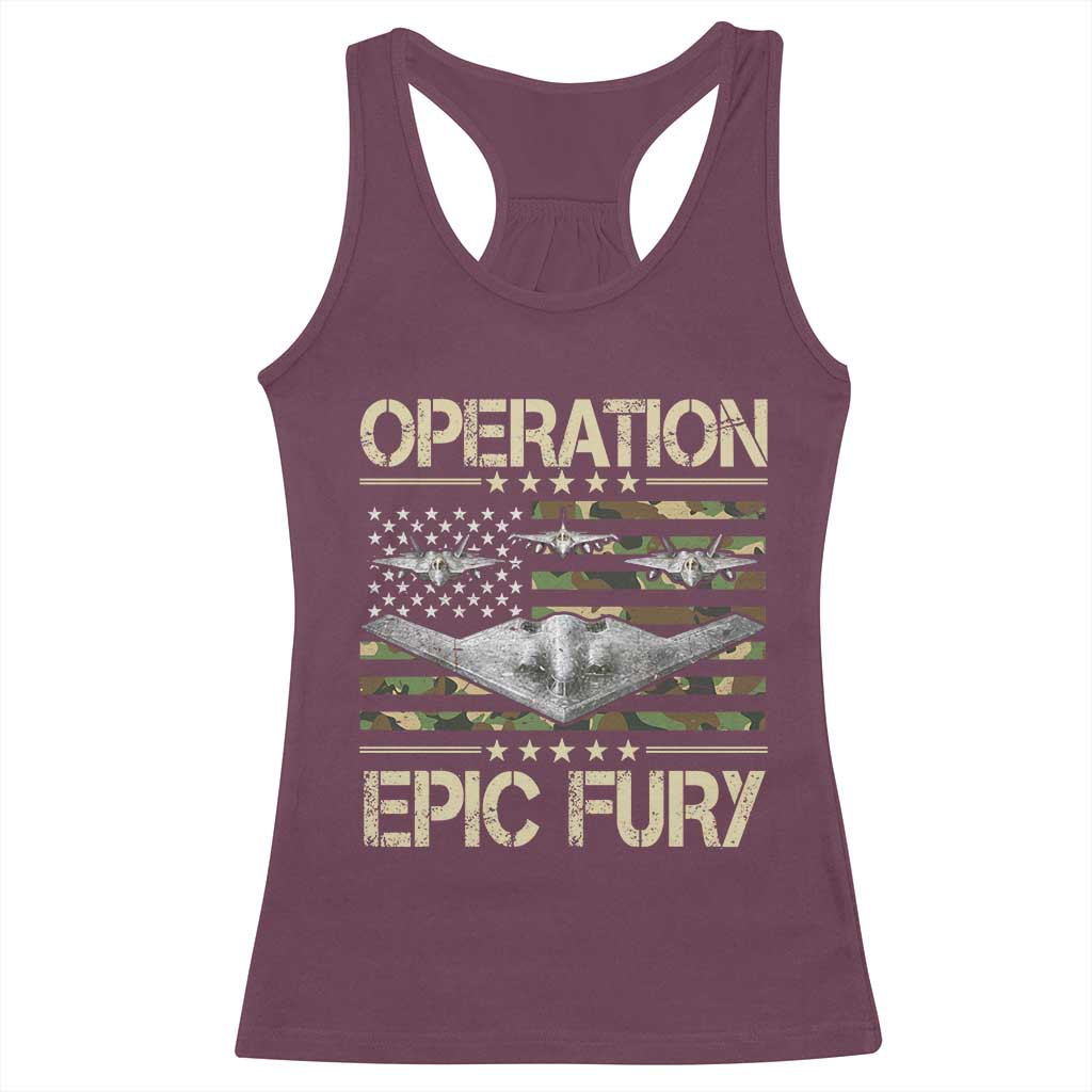 Operation Epic Fury Camo American Flag Racerback Tank Top B12 Spirit Stealth Bomber Formation Patriotic Air Power