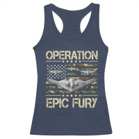 Operation Epic Fury Camo American Flag Racerback Tank Top B12 Spirit Stealth Bomber Formation Patriotic Air Power