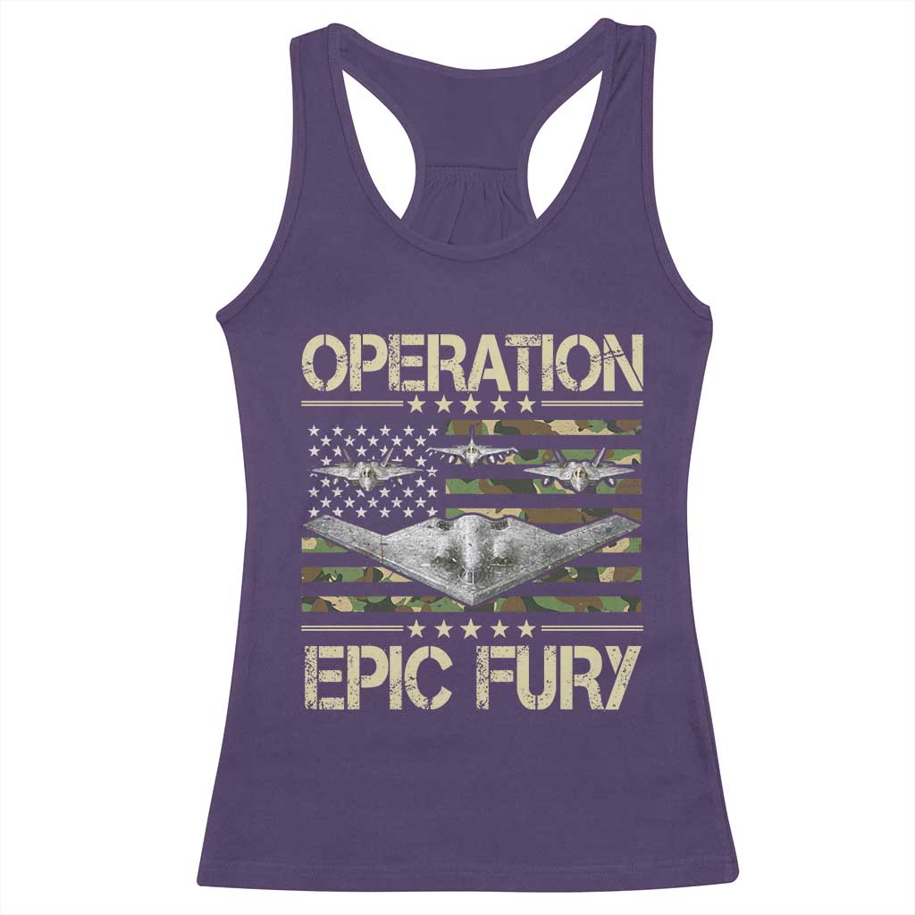 Operation Epic Fury Camo American Flag Racerback Tank Top B12 Spirit Stealth Bomber Formation Patriotic Air Power