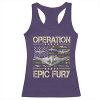 Operation Epic Fury Camo American Flag Racerback Tank Top B12 Spirit Stealth Bomber Formation Patriotic Air Power