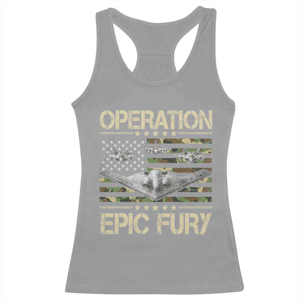 Operation Epic Fury Camo American Flag Racerback Tank Top B12 Spirit Stealth Bomber Formation Patriotic Air Power