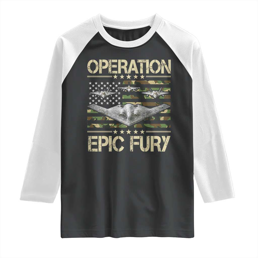 Operation Epic Fury Camo American Flag Raglan Shirt B12 Spirit Stealth Bomber Formation Patriotic Air Power