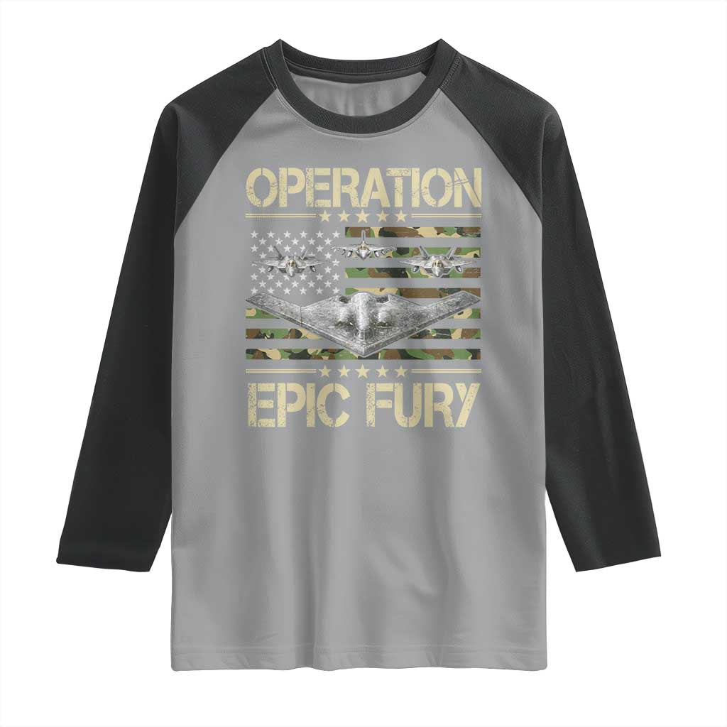 Operation Epic Fury Camo American Flag Raglan Shirt B12 Spirit Stealth Bomber Formation Patriotic Air Power