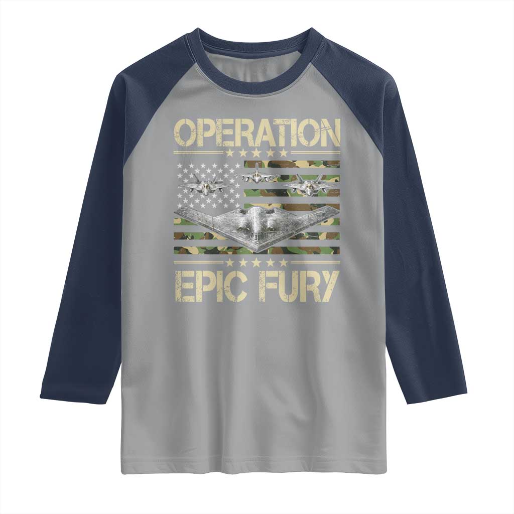 Operation Epic Fury Camo American Flag Raglan Shirt B12 Spirit Stealth Bomber Formation Patriotic Air Power