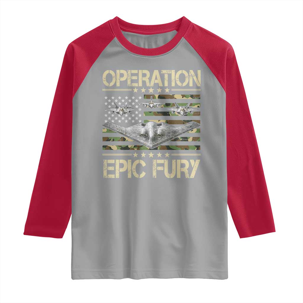 Operation Epic Fury Camo American Flag Raglan Shirt B12 Spirit Stealth Bomber Formation Patriotic Air Power