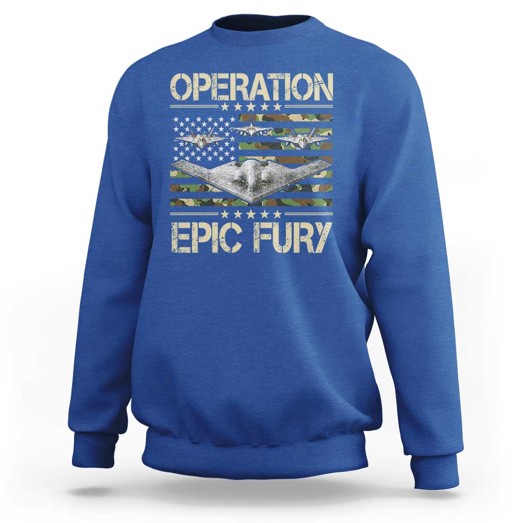 Operation Epic Fury Camo American Flag Sweatshirt B12 Spirit Stealth Bomber Formation Patriotic Air Power
