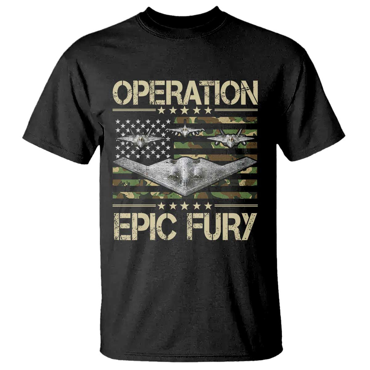 Operation Epic Fury Camo American Flag T Shirt B12 Spirit Stealth Bomber Formation Patriotic Air Power