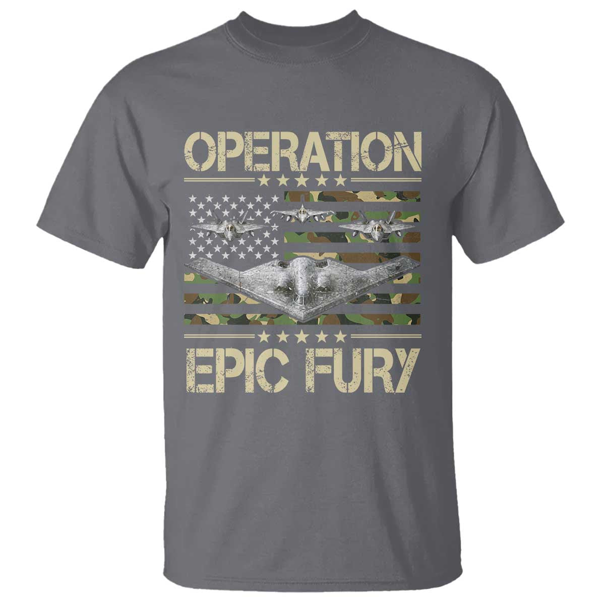 Operation Epic Fury Camo American Flag T Shirt B12 Spirit Stealth Bomber Formation Patriotic Air Power