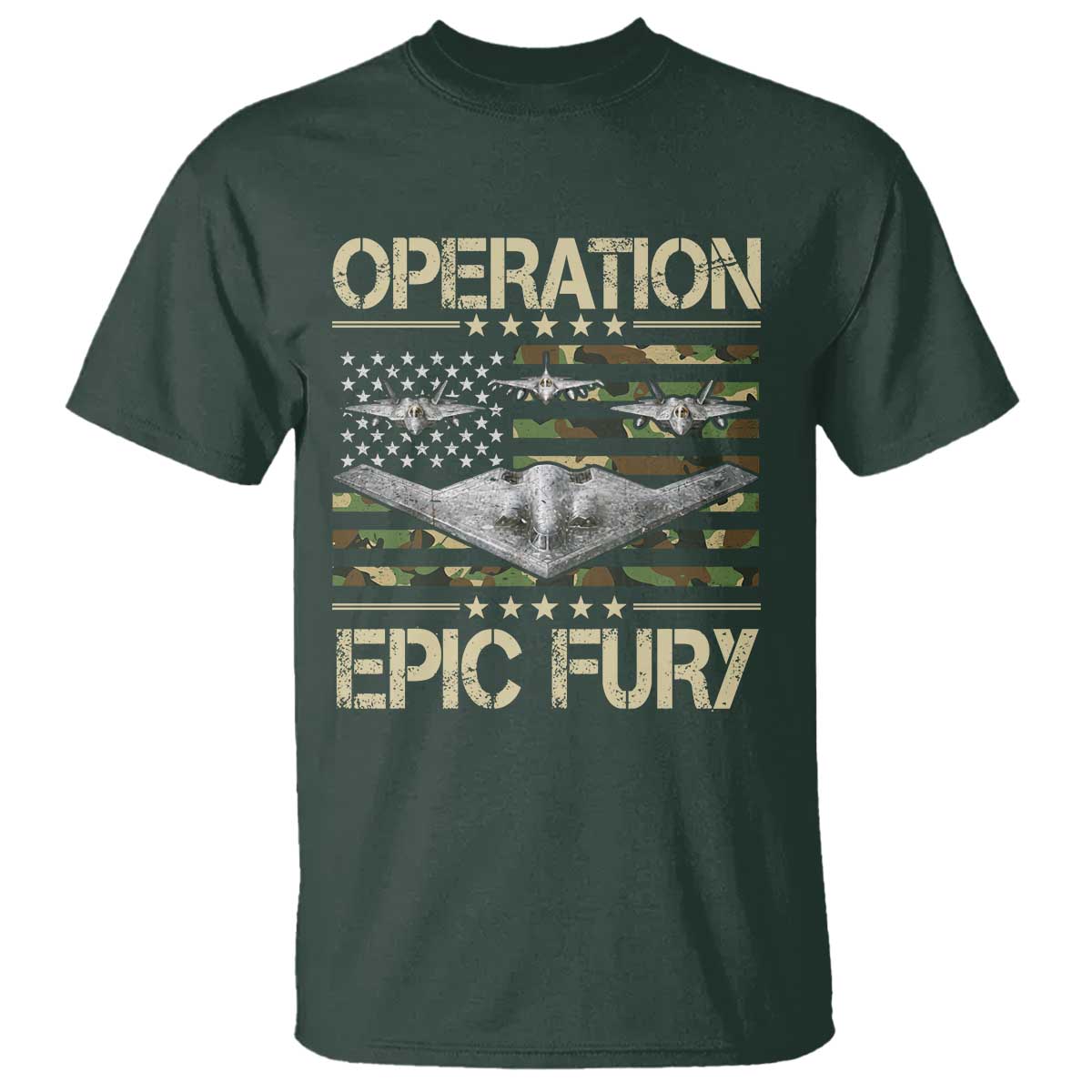 Operation Epic Fury Camo American Flag T Shirt B12 Spirit Stealth Bomber Formation Patriotic Air Power