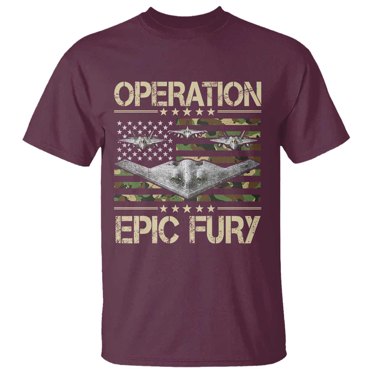 Operation Epic Fury Camo American Flag T Shirt B12 Spirit Stealth Bomber Formation Patriotic Air Power