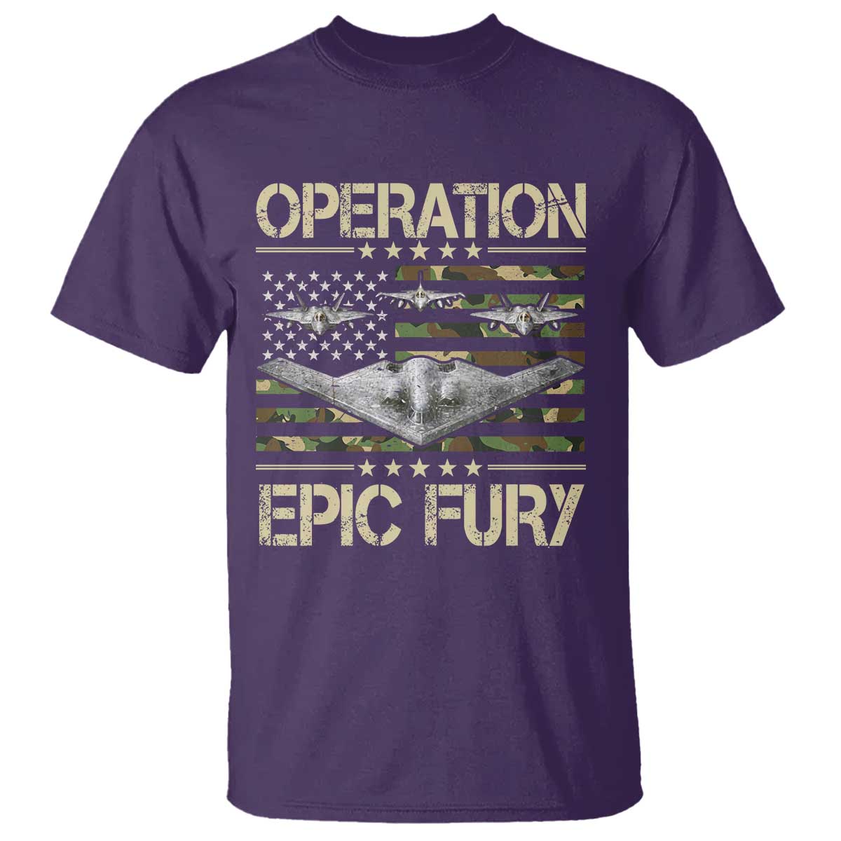 Operation Epic Fury Camo American Flag T Shirt B12 Spirit Stealth Bomber Formation Patriotic Air Power