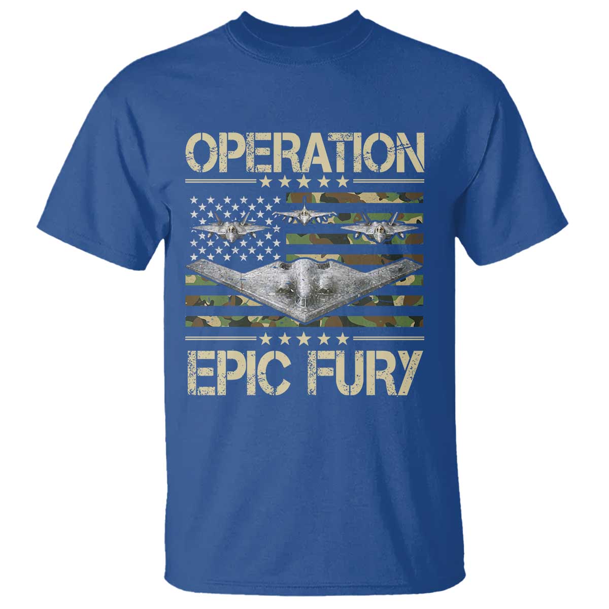 Operation Epic Fury Camo American Flag T Shirt B12 Spirit Stealth Bomber Formation Patriotic Air Power